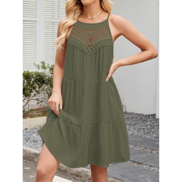 Womens Summer Casual Short Dress Hollow Out Halter Pockets A Line - Picture 3 of 5
